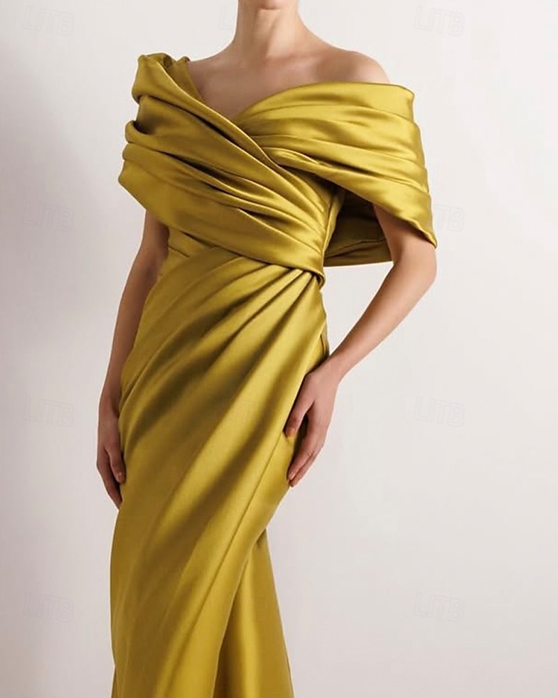 Yellow Dress High Fashion Mustard Dress Mermaid / Trumpet Evening Gown Cocktail Dress Formal Wedding Floor Length Sleeveless Off Shoulder Satin with Ruched Details Slit 2025 2025 - $157.99 –P2