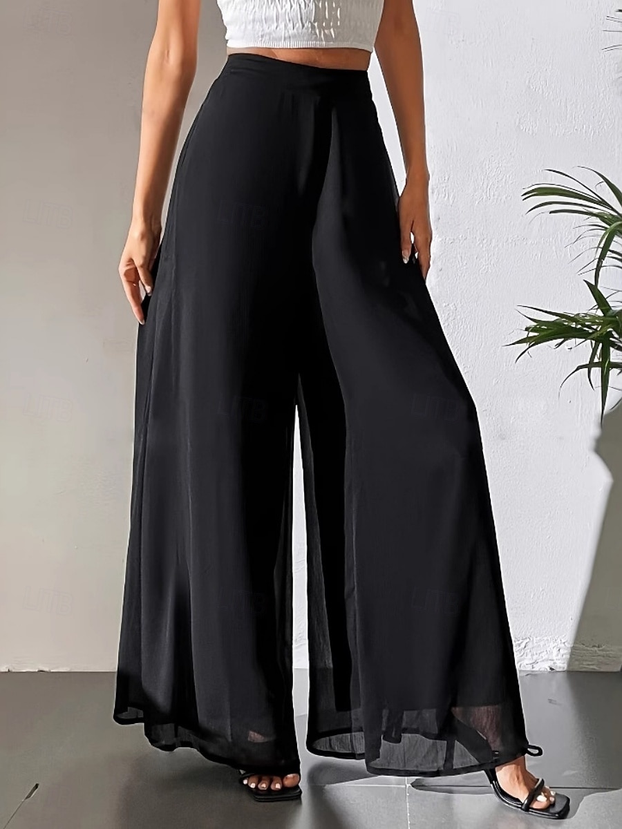 Femmes Jambe large Chinos Vacances ancien Mode Longueur complète Taille haute Uni Avec Poches Ceinture Élastique Confortable Doux Micro-Élastique Extérieur Rue Noir Été Printemps Coupe Ample de 2025 ? $24.99 –P1