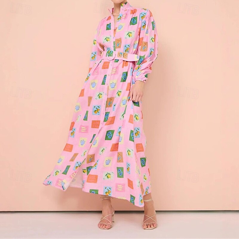 Per donna Abito Lungo Maxi Abito Abiti in cotone e lino Vestito Casual Moda All'aperto Feste Ferie Vestibilità regolare Dipinto Manica Lunga Colletto a Camicia Rosa Estate del 2025 a $46.99 –P5