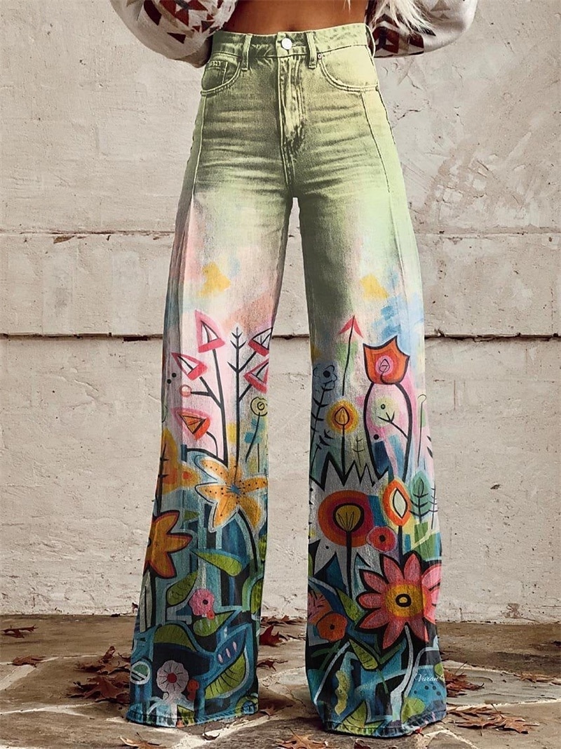 Retro Cikánský 70. léta Kalhoty Široké legované kalhoty Hippie Disko Vysoký pas Květinový Styl falešných džínů Maškarní kostým Dámské Karneval Běžné / Denní hudební festival Retro tematická párty 2025 - $35.99 –P7