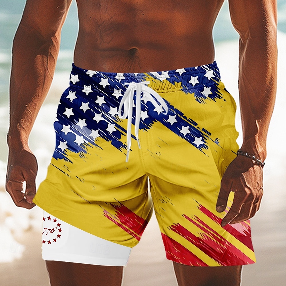 Independence Day Men's US Flag Patriotic Fourth of July Lined Shorts 2 in 1 Board Shorts Swim Trunks Mid Waist Holiday Side Pockets With Compression Liner Elastic Drawstring Waist Designer Clothing 2025 - $21.99 –P7