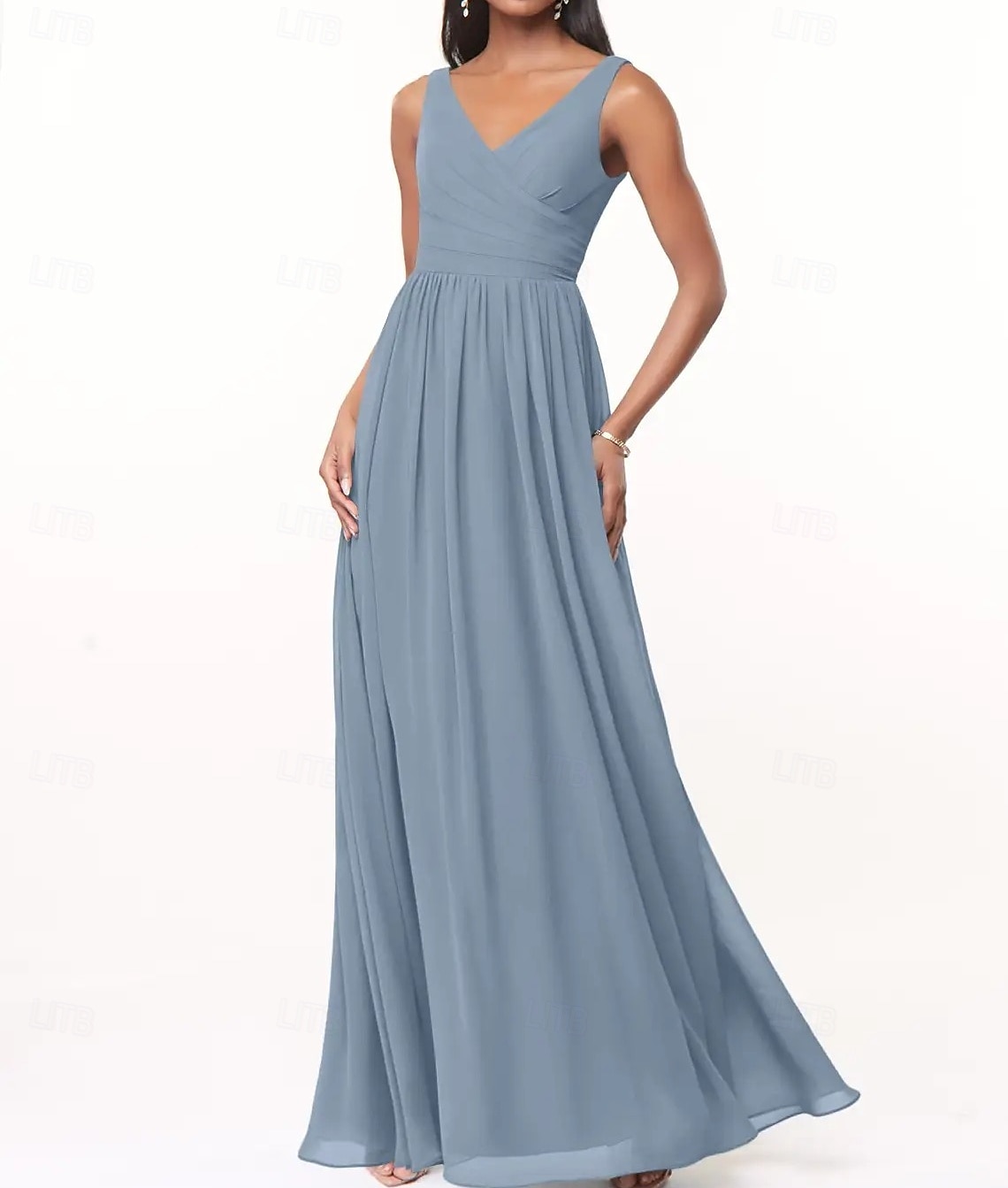 Vestido de Dama de Honra A-Line Decote V Sem Mangas Elegante Comprimento Total Chiffon com Plissado  Franzido de 2025 por $150.99 –P2