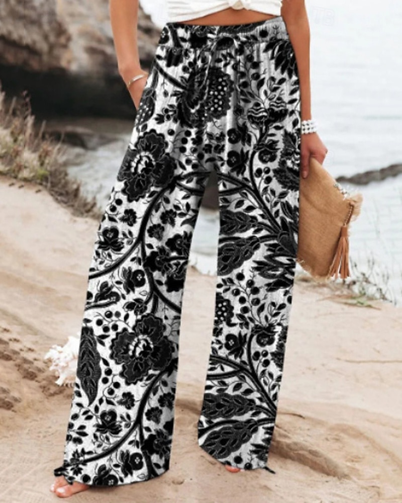 Per donna Pantaloni ispirati al lino Gamba larga Pantaloni Palazzo Moda Boho Lunghezza intera Vita Alta Fiore Elastico in vita Traspirante Confortevole Micro-elastico Streetwear Abbigliamento del 2025 a $27.99 –P4