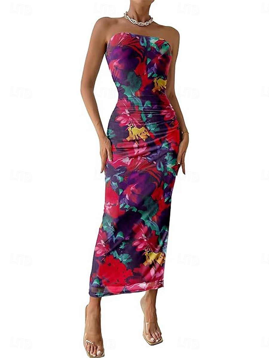 Damen Midikleid Boho-Kleid Elegant Sexy Boho Figurbetontes Kleid Blumen Ärmellos Trägerlos Hellrosa Magenta wasserblau Blau Sommer 2025 - $24.99 –P8