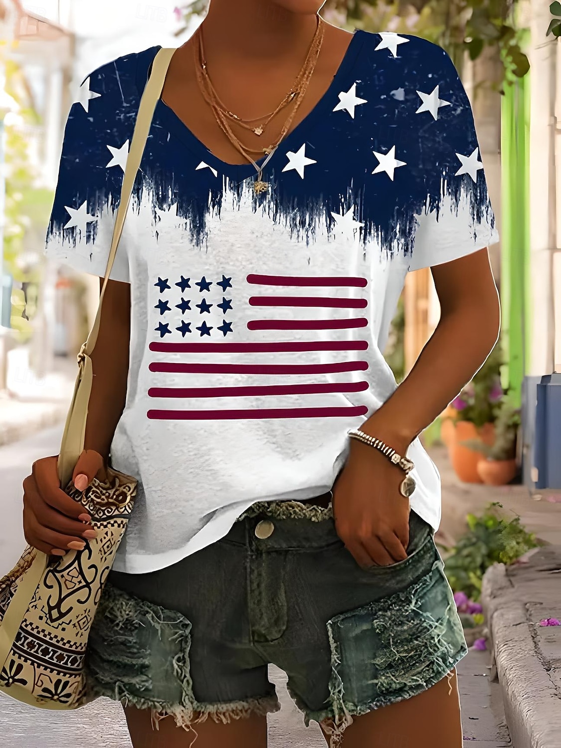 Női Hazafias T Shirt Grafikai Amerikai Zászló Vintage Stílusos Klasszikus Rövid Ujjú V Nyakú Normál Felsők Mindennapi Hétvégi Nyomtatás Kék Nyár Tavasz 2025 - $19.99 –P1