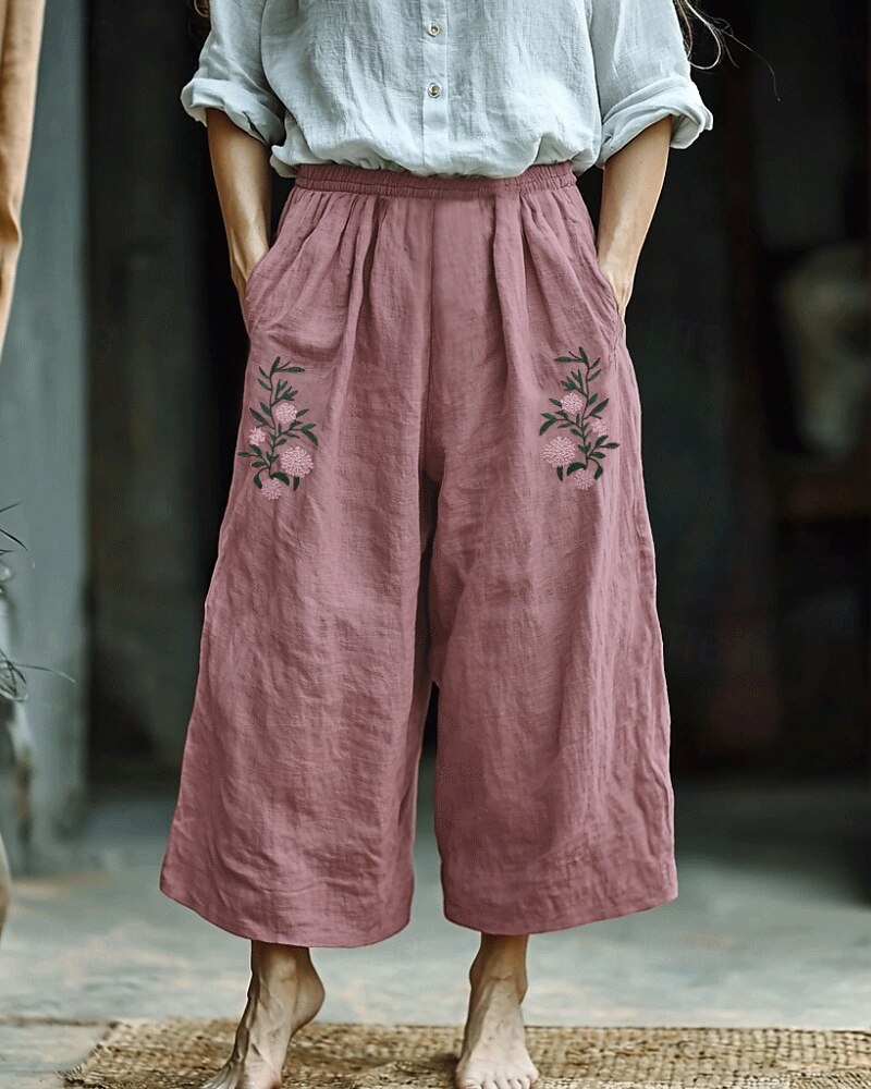 Damen Hose aus Baumwollleinen Stoffhosen Streetwear Boho Volle Länge Natürliche Taille Blume Tasche Elastischer Bund Drucken Bequem Außenbereich Ferien Ausgehen Hellrosa Sommer Normale Passform 2025 - $22.99 –P1