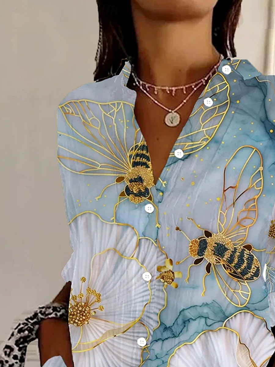 Women's Shirt Floral Graphic Vintage Tropical Daily Long Sleeve Shirt Collar Regular Tops Work Daily Buttons Print Light Blue Summer Spring 2025 - $32.99 –P2