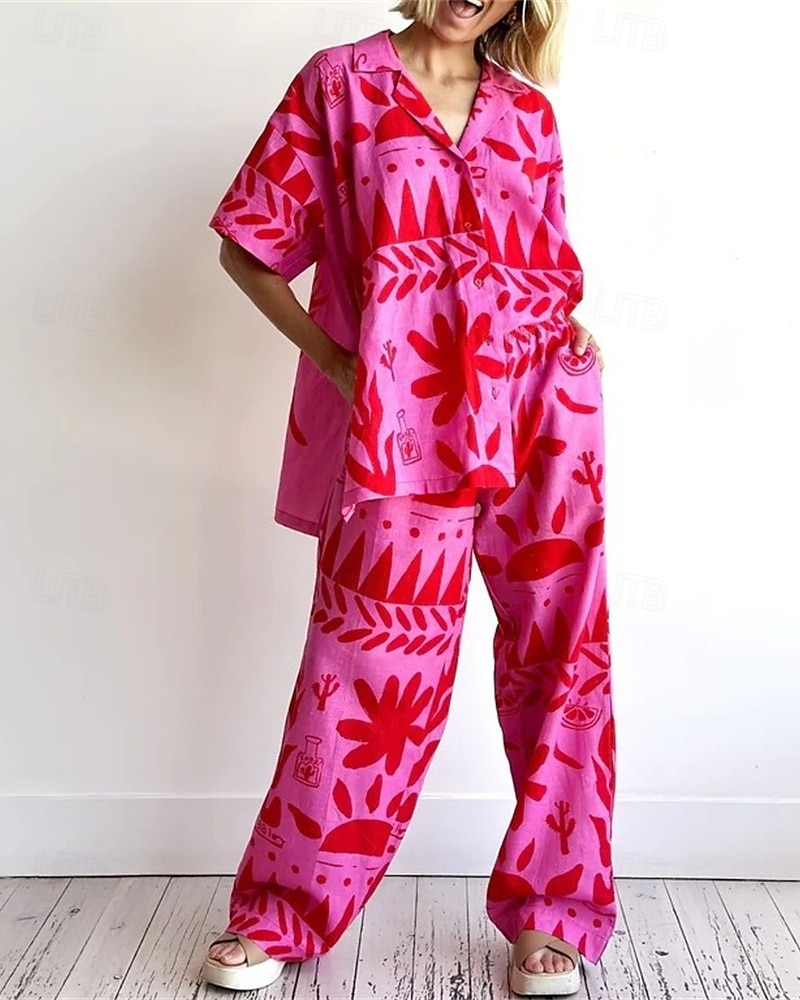 Femmes Mode Streetwear Chemises en coton et lin Ensembles en coton et lin Ensembles de Pantalons Manche Courte Col de chemise Fleuri Imprimé Tenue quotidienne Date Rose Claire Été Coupe régulière de 2025 ? $43.99 –P1