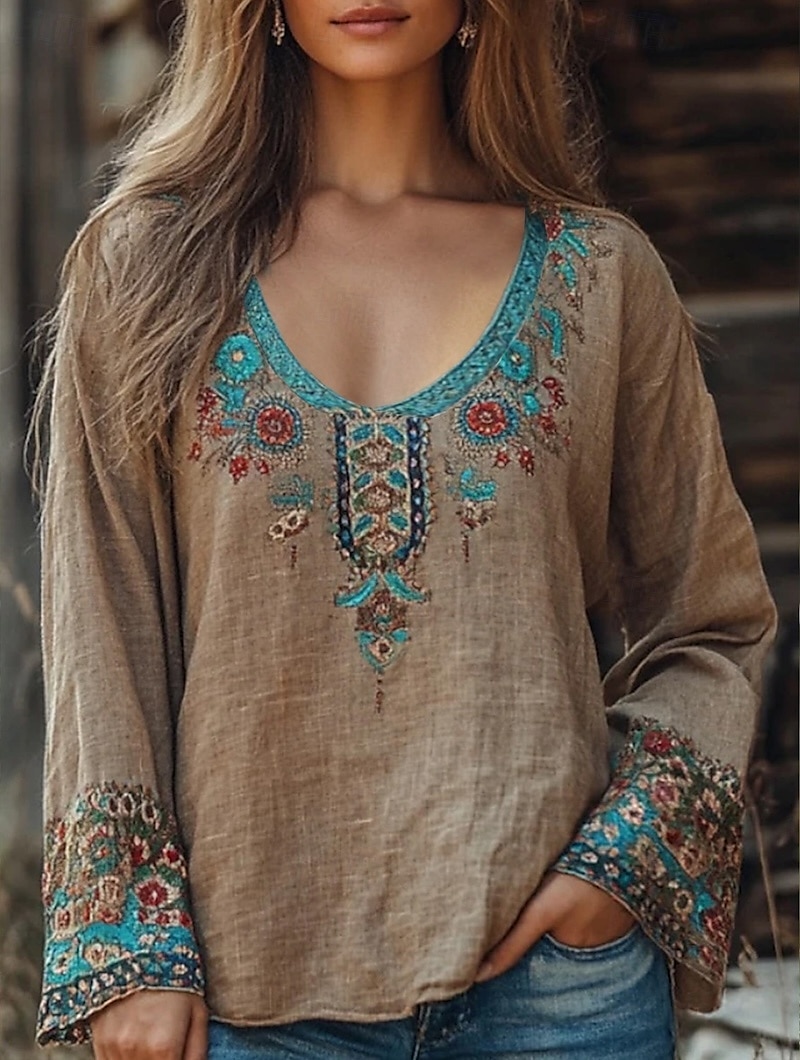 Damen Westernbluse Boho-Hemd Bluse Blume Boho Langarm V Ausschnitt Normale Oberteile Täglich Ausgehen Druck Kamel Khaki Sommer 2025 - $21.99 –P1