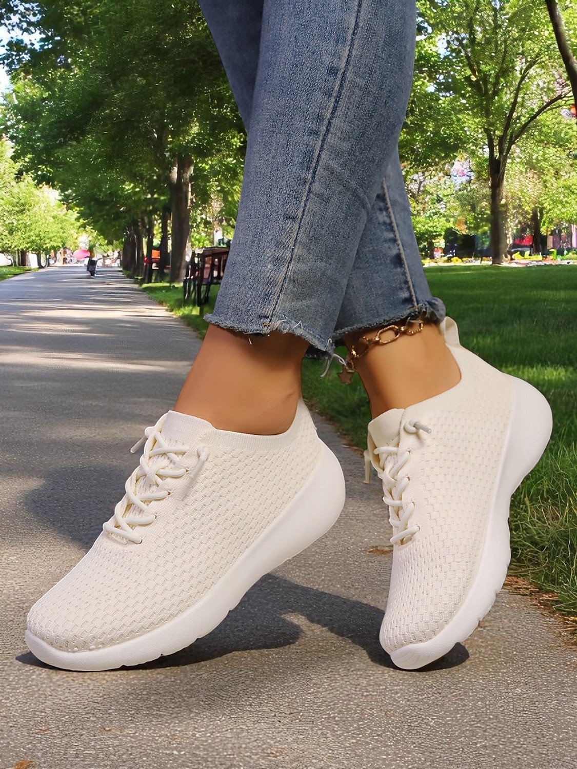 Beige lette flyknit-tursko for dame med myk ergonomisk såle, pustende komfort for pendling, joggeturer i parken og daglige ærender 2025 - $24.99 –P4