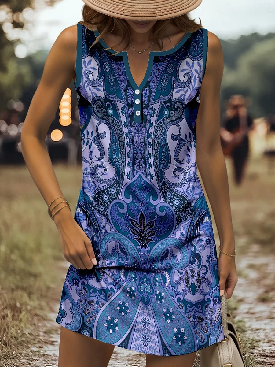 Women's Mini Dress Sundress A Line Dress Summer Dress Off The Shoulder Dress Casual Holiday Beach Regular Fit Graphic Paisley Bohemian Sleeveless V Neck Light Yellow Red Blue Purple Summer Spring 2025 - $21.99 –P4
