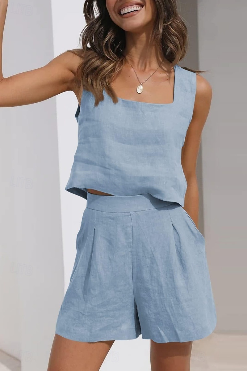 Femmes Actif Basique Ensembles en coton et lin Sans manches Col carré Couleur Unie Décontracté Quotidien Noir Rose Claire Vert Véronèse Été Coupe régulière de 2025 ? $25.99 –P13