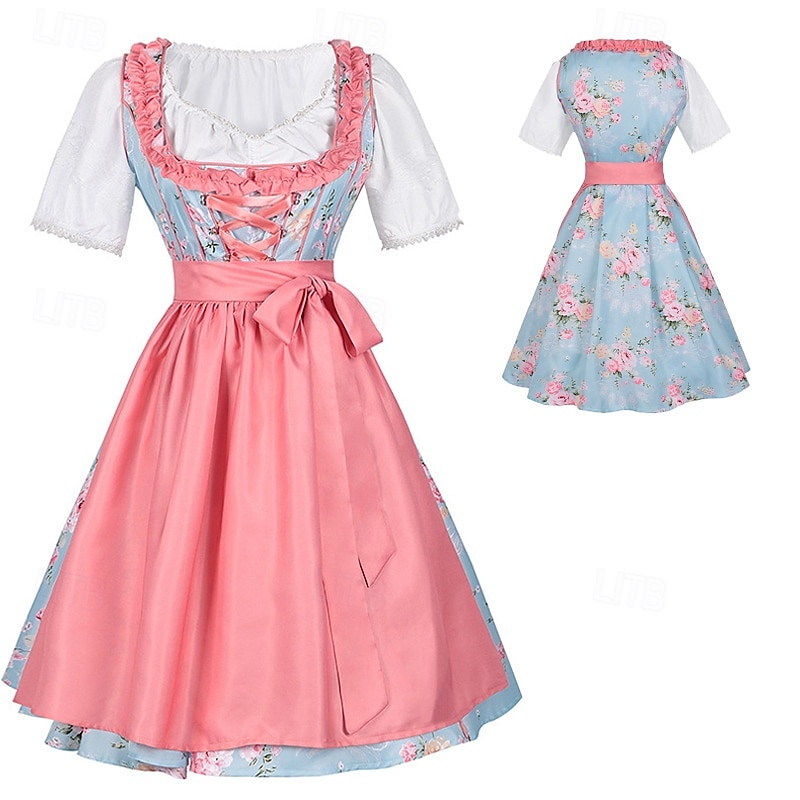 Rochie de dirndl cu flori pentru femei cu șorț roz și bluză pentru festivalul de bere Oktoberfest Wiesn 2025 - $59.99 –P1