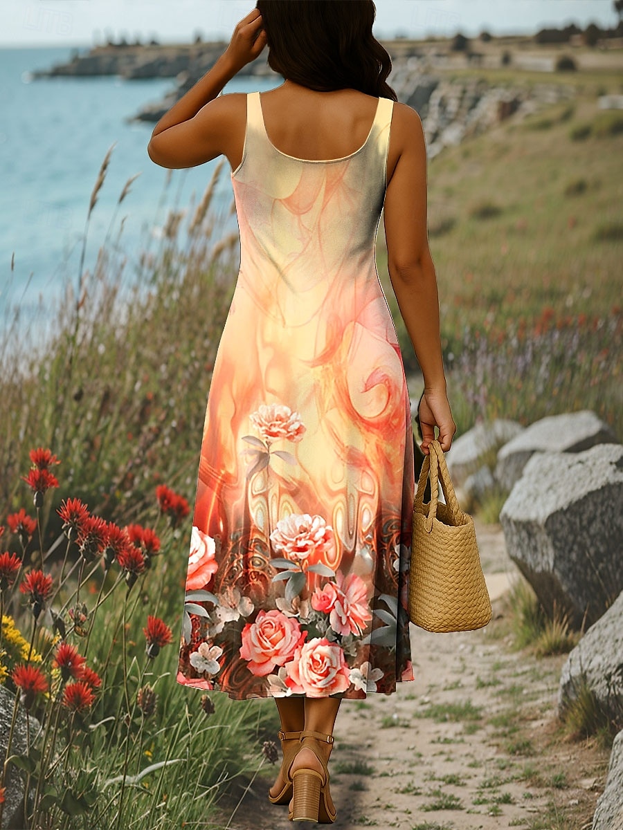 Damen Maxikleid A Linie Kleid Sommerkleid Schulterfreies Kleid Urlaub Lässig Party Date Normale Passform Blumen Grafik Stammes Ärmellos Quadrathals Rote Orange Grün Sommer Frühling 2025 - $26.99 –P6