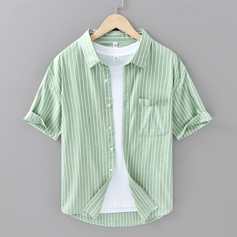 Voor heren Overhemd Zomer overhemd Normaal shirt Strand hemd Overhemd met knopen Wit blauw Groen Grijs Korte mouw Gestreept Revers Vakantie Hawaii Zak Kleding 100% katoen Modieus Casual Comfortabel 2025 - $33.99 –P4