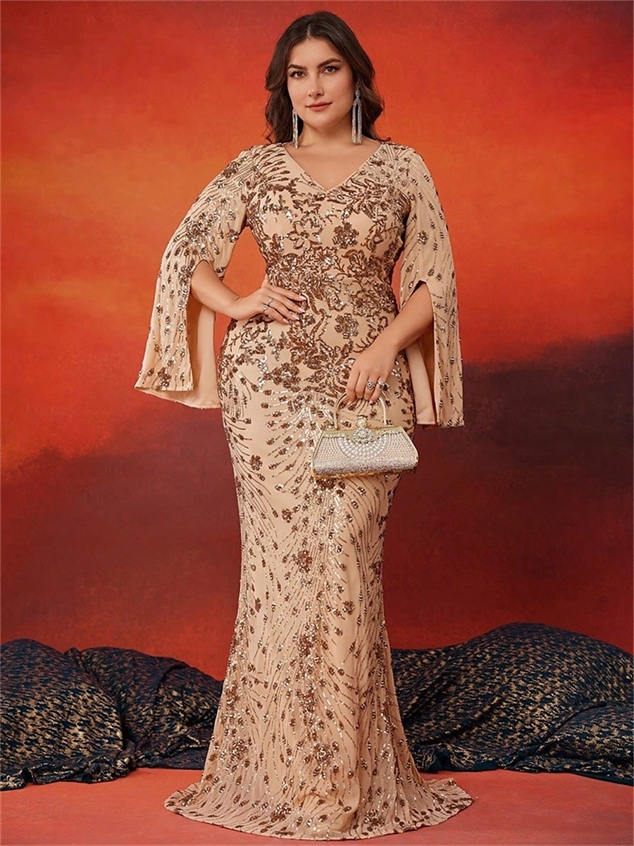Abiti Plus Size Sirena  Tromba Elegante Abito Curvilineo Formale Matrimonio Lunghezza Piena a Manica Lunga con Scollatura a V in Paillettes con Paillettes del 2025 a $159.99 –P12