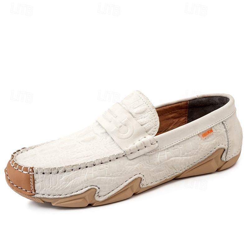 Vita herrloafers i konstläder med svart krokodilstruktur – eleganta och snygga slip-on-skor för semiformella evenemang, bröllop och avslappnade sammankomster 2026 - $54.99 –P2