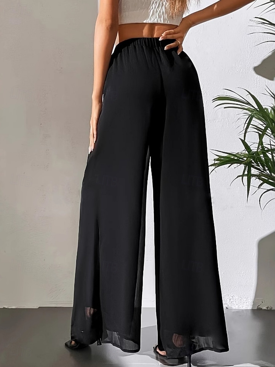Femmes Jambe large Chinos Vacances ancien Mode Longueur complète Taille haute Uni Avec Poches Ceinture Élastique Confortable Doux Micro-Élastique Extérieur Rue Noir Été Printemps Coupe Ample de 2025 ? $24.99 –P2
