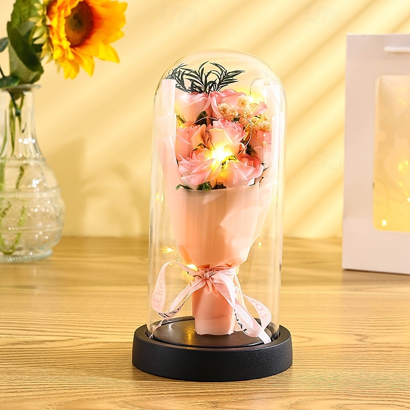 El ramo de rosas eternas, regalo para mamá, flores de jabón preservadas en cúpula de vidrio con luz, decoración de cumpleaños del día de la madre para mujeres 2026 - $15.99 –P17