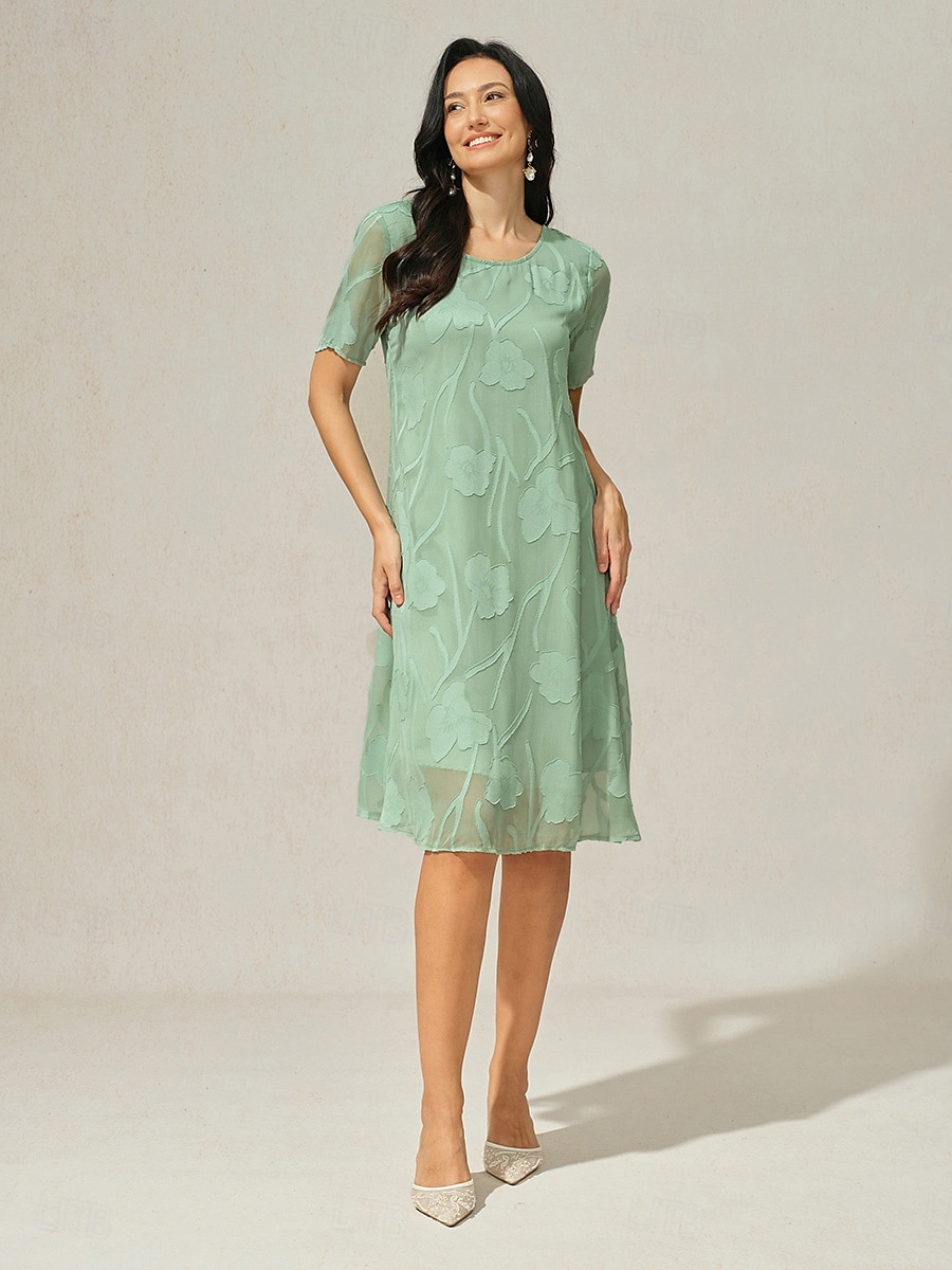 Dame Knelang kjole Chiffonkjoler Elegant Fritid Løstsittende Blomstret Kortermet Crew-hals Salvie Grøn Sommer 2025 - $55.99 –P1