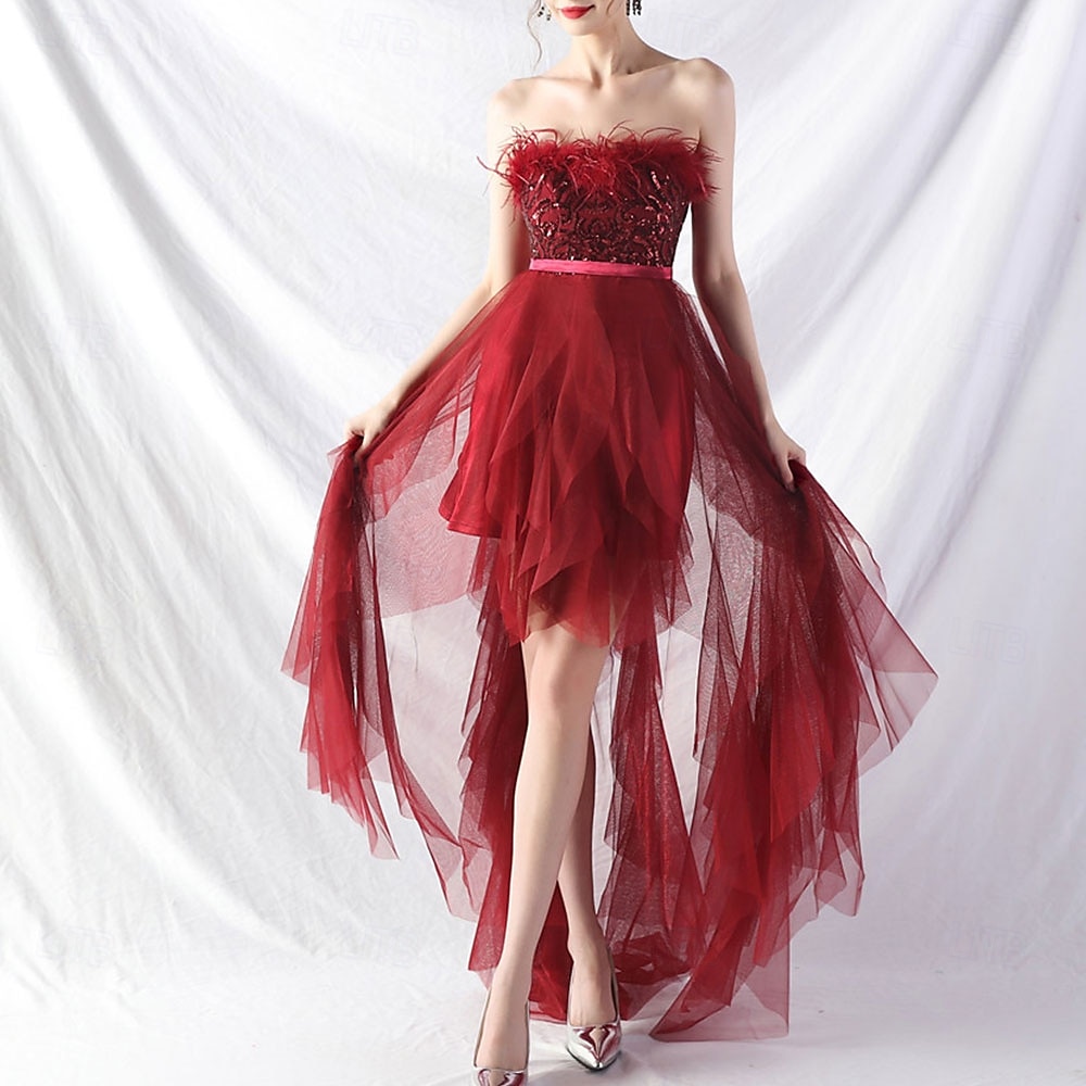 A-Line Quinceanera Dresses Elegant Dress Formal Wedding Asymmetrical Sleeveless Strapless Tulle Backless with Feather Embroidery 2025 - $84.99 –P19
