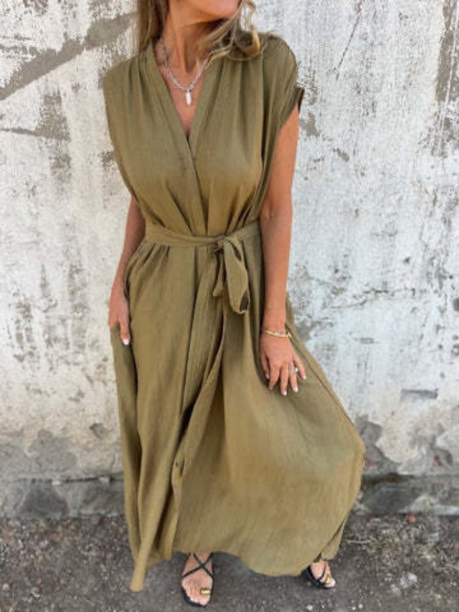Femmes Robe Longue Maxi Robe Robes en coton et lin Robe Décontractée Robe d'été Mode Basique Moderne Quotidien Week-end Coupe régulière Uni Manche Courte Col en V Blanche Chameau Été de 2025 ? $32.99 –P4