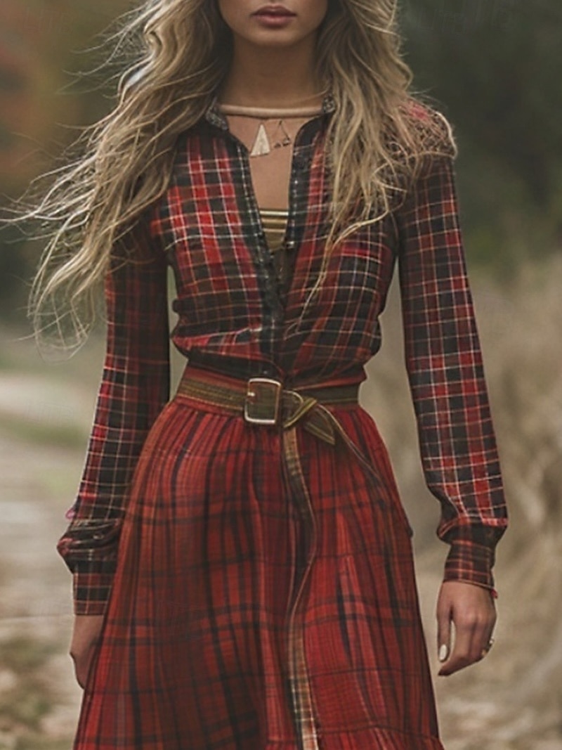 Damen Langes Kleid Maxikleid Kariertes Kleid Freizeitkleid Schwingkleid Sommerkleid Vintage Urlaub Täglich Ferien Normale Passform Karomuster Langarm V Ausschnitt Wein Sommer 2025 - $32.99 –P2