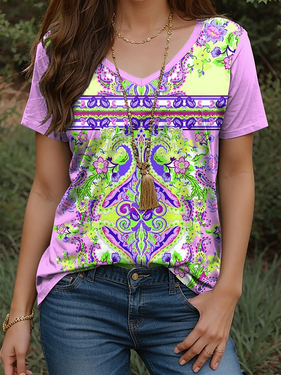 Pentru femei Tricou Floral Grafic Imprimeu Paisley Epocă Stilat Casual Manșon scurt În V Topuri obișnuite Zilnic Imprimeu Galben Roz Îmbujorat Albastru piscină Mov Vară 2025 - $19.99 –P4