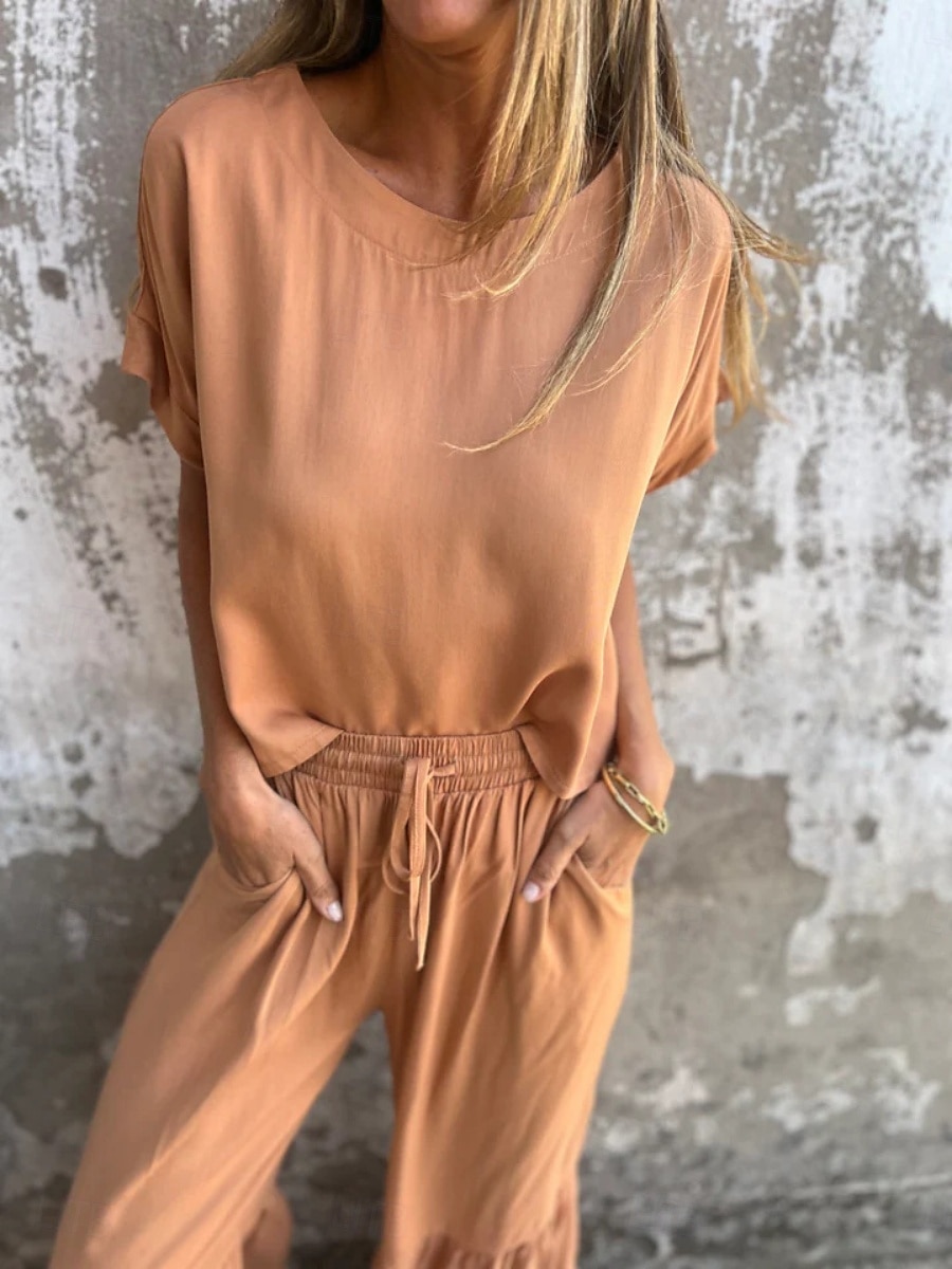 Femmes Actif Basique Ensembles en coton et lin Manche Courte Col ras du cou Couleur Unie A Volants Décontracté Quotidien Noir Vert Véronèse Orange Été Coupe régulière de 2025 ? $32.99 –P1