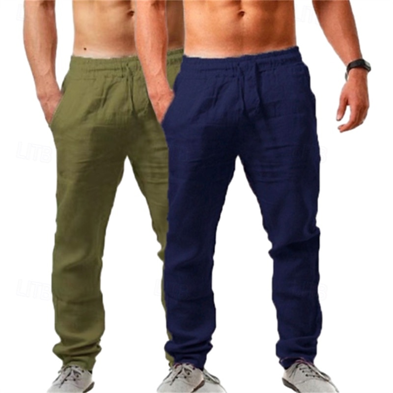 Pacote com 2 calças de linho masculinas, calças de verão, calças largas, calças de praia, cordão, cintura elástica, lisas, confortáveis, respiráveis, comprimento total, uso ao ar livre, diário, moda de férias, estilo clássico, branco + azul celeste de 2025 por $29.99 –P5