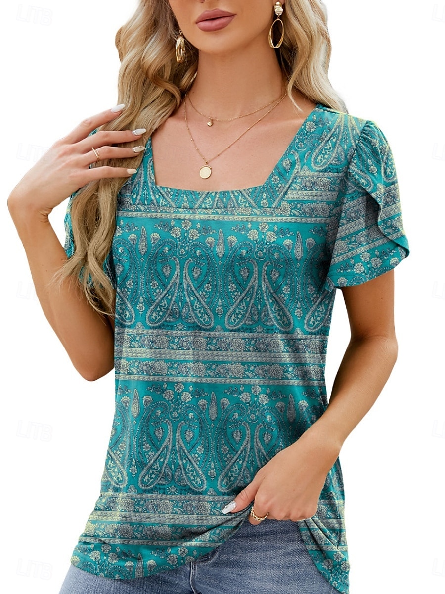 Damskie Podkoszulek Kwiaty Moda Nowoczesny Codzienny Krótki rękaw Kwadratowy dekolt Zwykłe topy Codzienny Weekend Biały Wino Niebieski Zielony Lato 2025 - $17.99 –P1