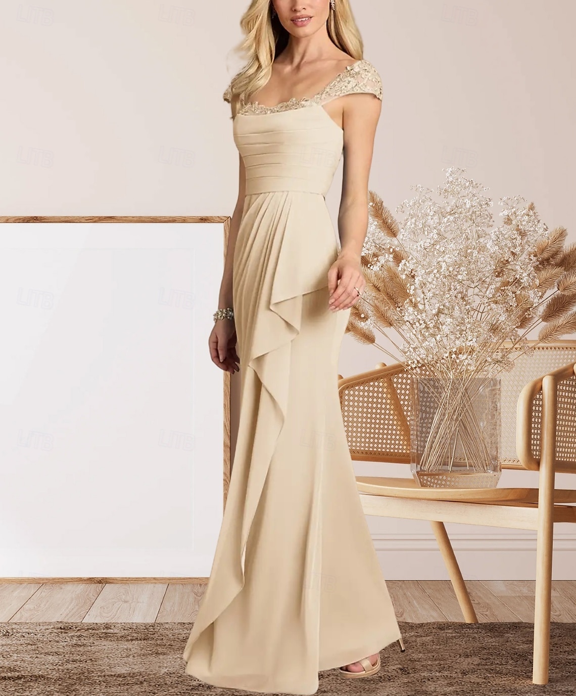 A-Lijn Moeder van de Bruid Jurk Bruiloft Gast Elegante Hartvormige Vloerlengte Chiffon Kap Mouw met Kant Ruching 2025 - $161.99 –P4