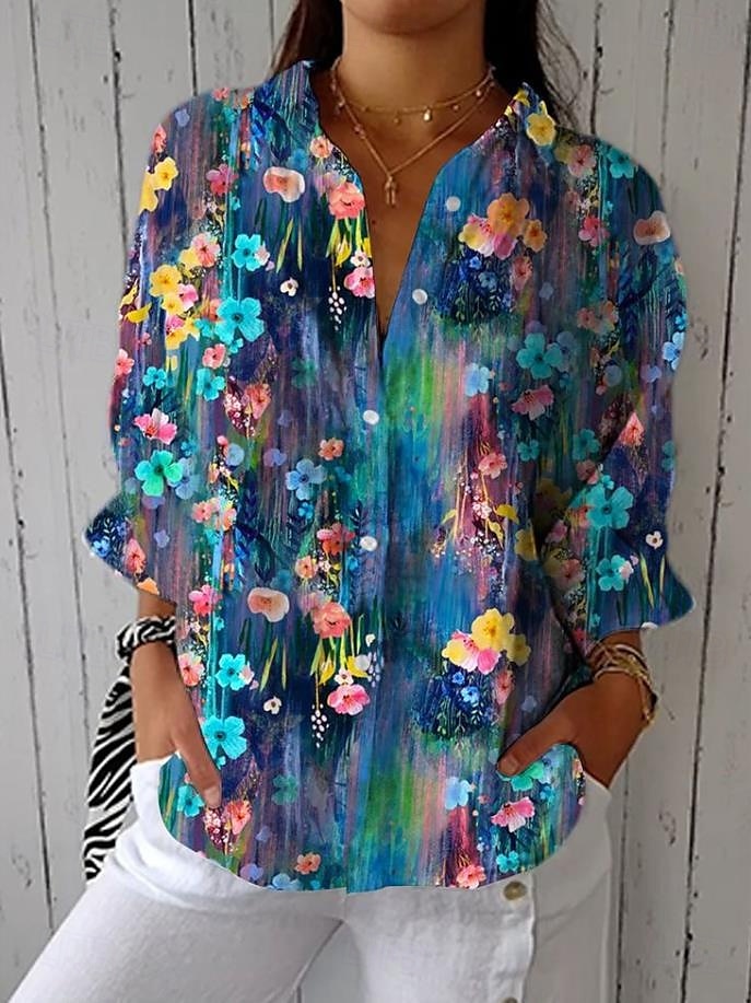 Camicia in lino simile da donna camicetta floreale grafica stile casual colletto tops regolari quotidiani vacanza uscita bottoni gialli rossi blu verdi estate primavera del 2025 a $32.99 –P2
