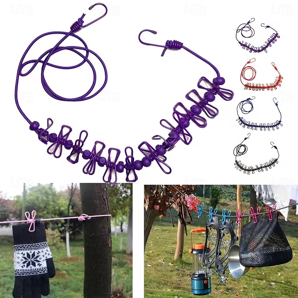 Corde à linge extensible antidérapante pour camping en plein air avec 12 clips, corde à linge extensible de voyage, corde à chaussettes, corde à linge suspendue de 2025 ? $6.99 –P1