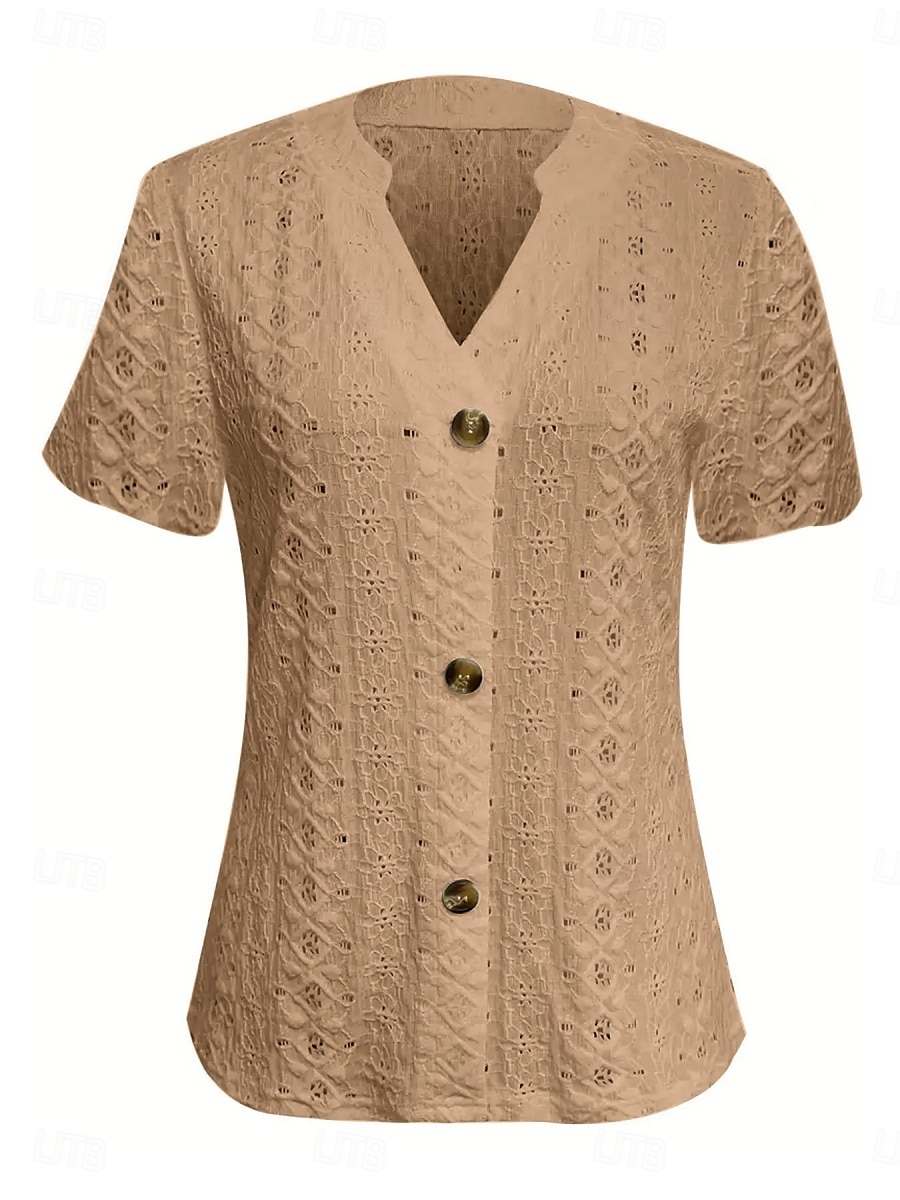 Women's T Shirt Solid Color Plain Basic Modern Casual Short Sleeve V Neck Regular Tops Daily Weekend Buttons Eyelet White Wine Fuchsia Khaki Summer 2025 - $19.99 –P3