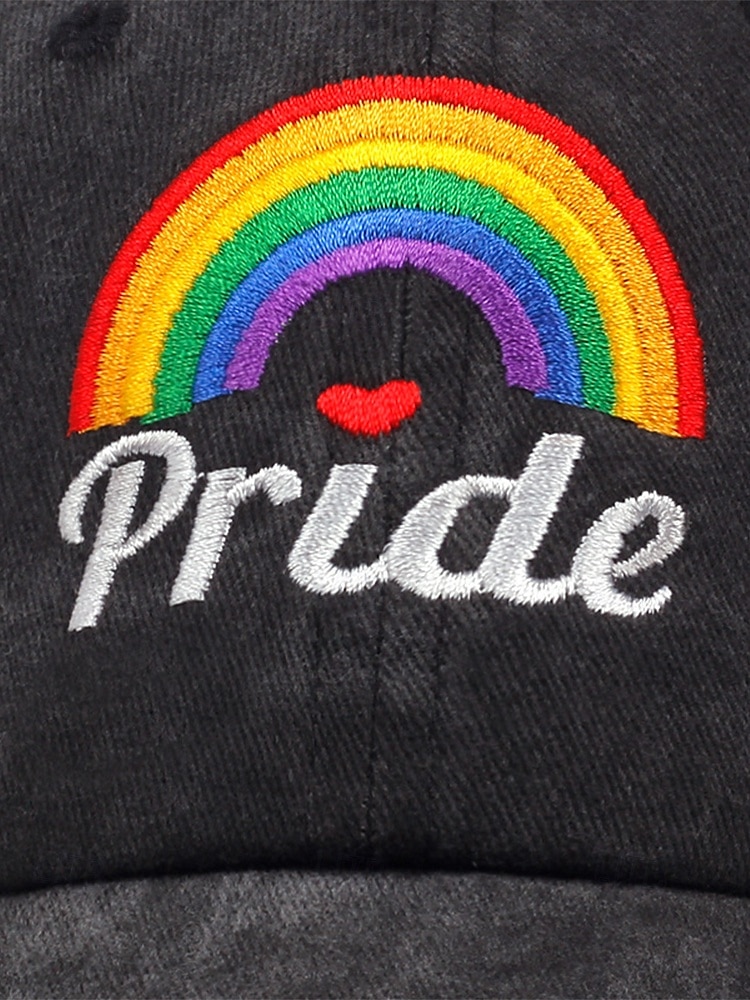 Casquette de baseball LGBTQ en denim vieilli pour femme avec arc-en-ciel et cœurs brodés - Casquette de baseball ajustable pour les défilés de la fierté, les festivals et les tenues décontractées de 2025 ? $11.99 –P6