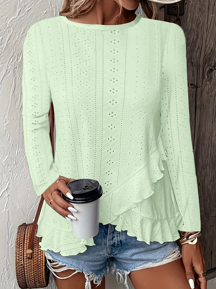 Dame Bluse Helfarge Stilfull Fritid Langermet Crew-hals Vanlige topper Daglig Drapering Snørehull Hvit Gul Blå Grønn Sommer Vår 2025 - $17.99 –P7