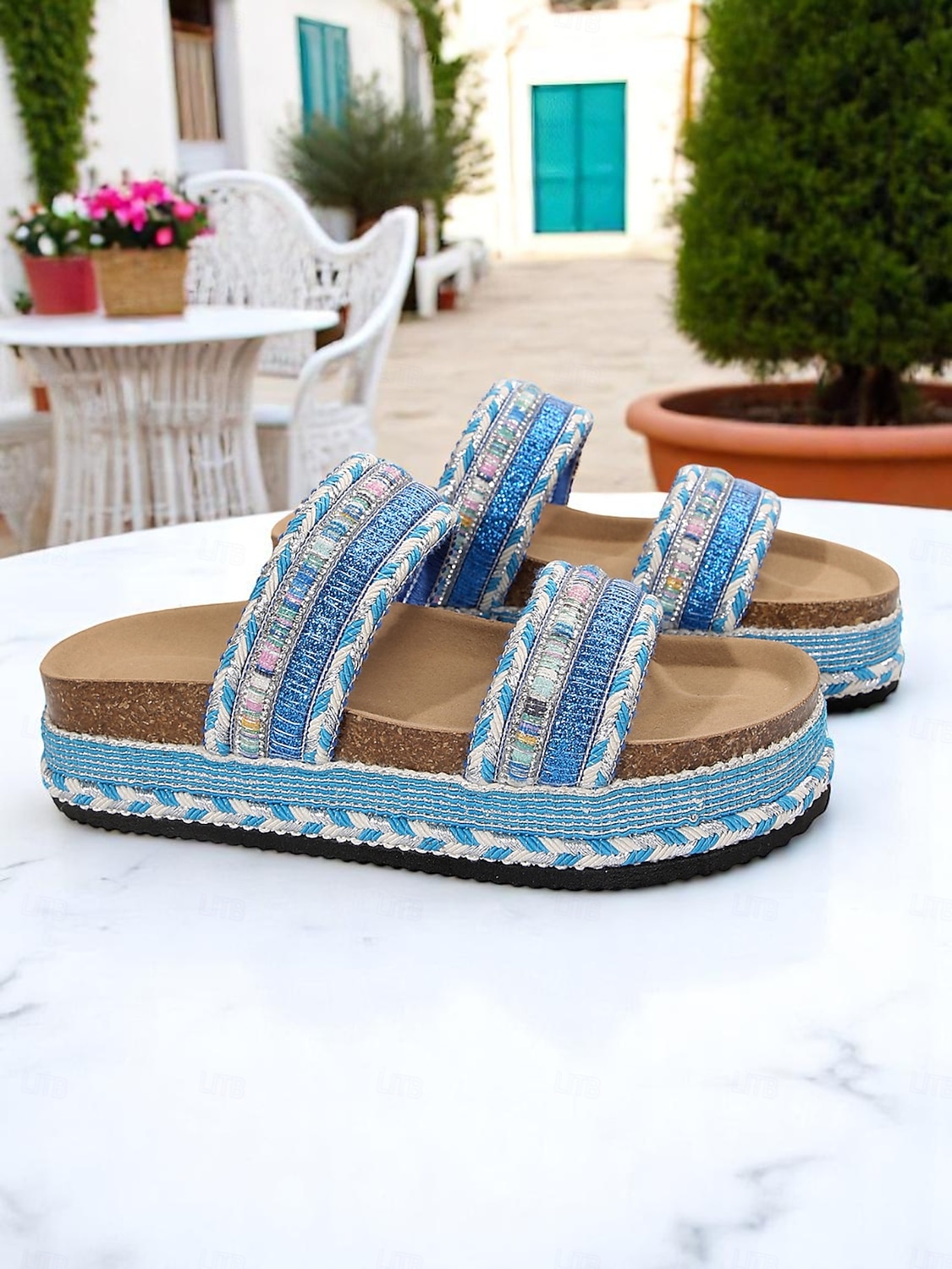 Damen-Sandalen im Boho-Stil in Blau mit Webmuster – Plateau-Slipper im Ethno-Stil für Strandurlaube und lässige Sommeroutfits 2026 - $26.99 –P1