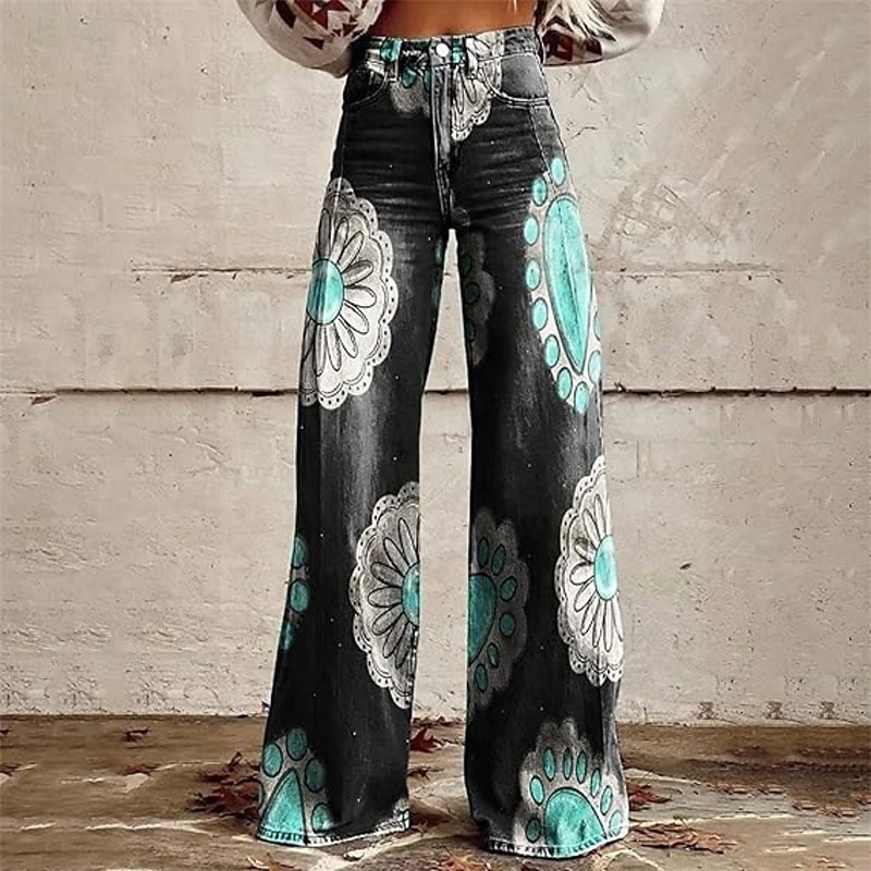 Retrò Vintage Boho Anni '70 Pantaloni Pantaloni a gamba larga Hippie Disco Vita alta Rinascita occidentale Stile jeans finti Per donna Carnevale Casual Quotidiano Festival Musicale Festa a tema retrò del 2025 a $35.99 –P6