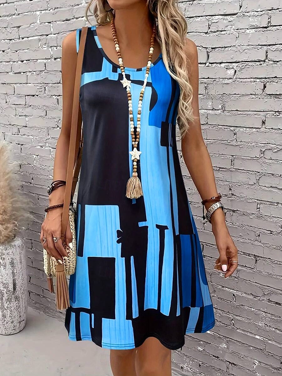 Women's Mini Dress Sundress A Line Dress Summer Dress Vacation Casual Regular Fit Graphic Geometric Color Block Sleeveless U Neck Light Brown Blue Summer Spring 2025 - $21.99 –P1