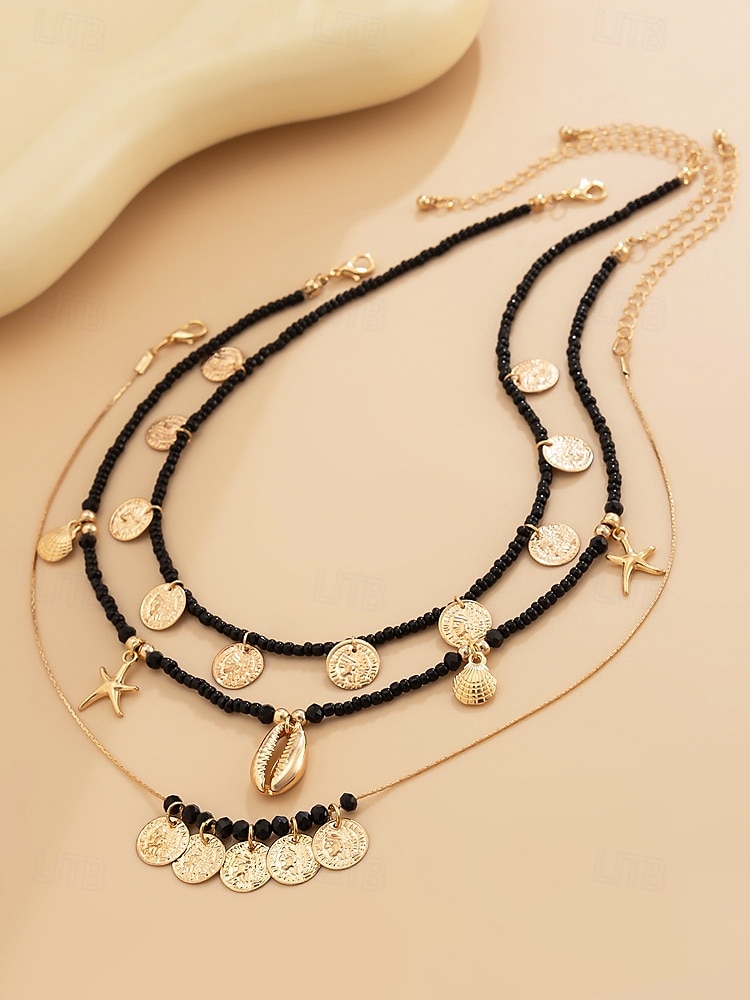 Ensemble de colliers à breloques coquillages et pièces de monnaie en perles dorées et bleues pour femmes – colliers superposés de style bohème de plage avec des accents d'étoiles de mer et de coquillages pour l'été et les vacances de 2025 ? $11.99 –P3