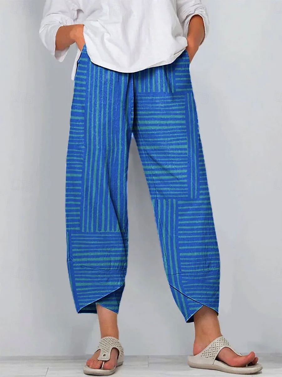 Dame kinesisk Posete bukser Strandshorts Ferie Årgang Etnisk stil Ankel-lengde Høy Midje Grafisk Stripet Geometri Lapper Snorer Bred Bukseben Pustende Myk Mikroelastisk Feriereise Gate Avslappet 2025 - $20.99 –P1