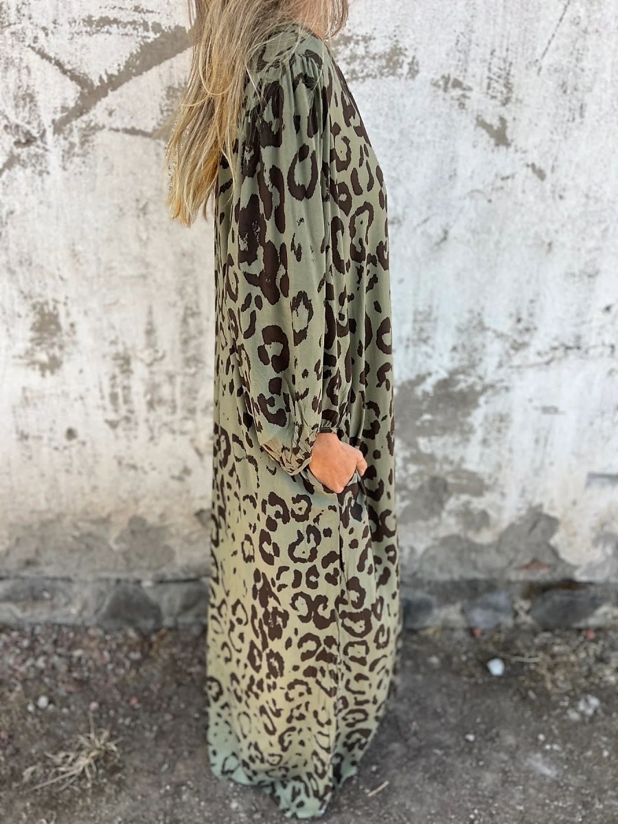 Damen Maxikleid A Linie Kleid Lässig Outdoor Ausgehen Normale Passform Leopard Langarm V Ausschnitt Weiß Himmelblau Dunkelgrün Grün Sommer 2025 - $21.99 –P5