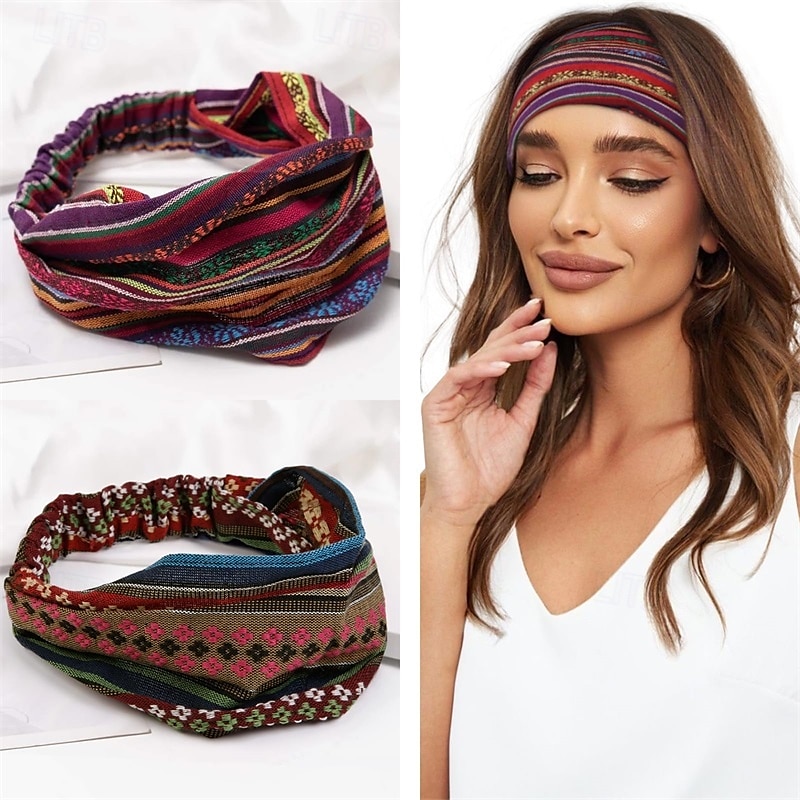 Boho Headbands for Women Girls Wide Hippie Hair Accessories Colorful Stripe Head Bands for Women's Hair Fashion Hairbands Turban Headwraps Non Slip 2025 - $8.49 –P1