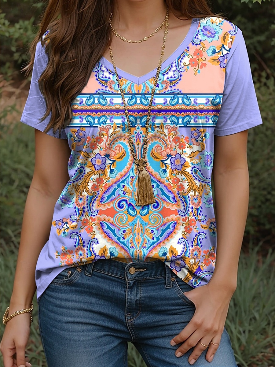 Pentru femei Tricou Floral Grafic Imprimeu Paisley Epocă Stilat Casual Manșon scurt În V Topuri obișnuite Zilnic Imprimeu Galben Roz Îmbujorat Albastru piscină Mov Vară 2025 - $19.99 –P1