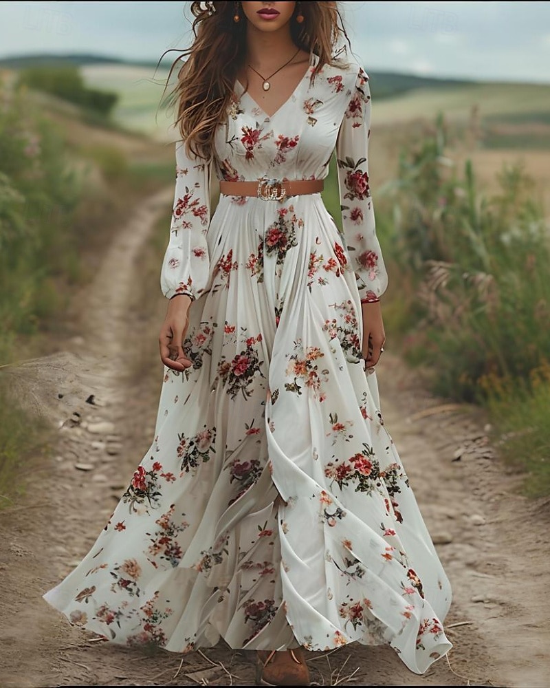 Dame Lang kjole Maxikjole Boho-kjole Western kjole Mote Moderne utendørs Feriereise Ut på byen Normal Blomsternål i krystall Langermet V-hals Elfenben Sommer 2025 - $30.99 –P1