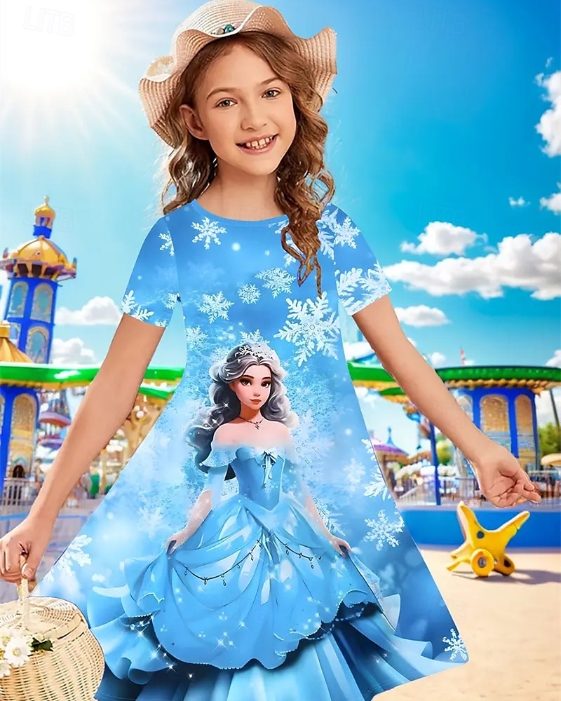Tyttöjen 3D Piirretty Lumihiutale Mekko Lyhythihainen Kesä Kevät Loma Päivittäin Pyhäpäivä Prinsessa Kaunis Makea Lapset 4-12 vuotta Rento mekko Polvipituinen Normaali 2025 - $15.99 –P4