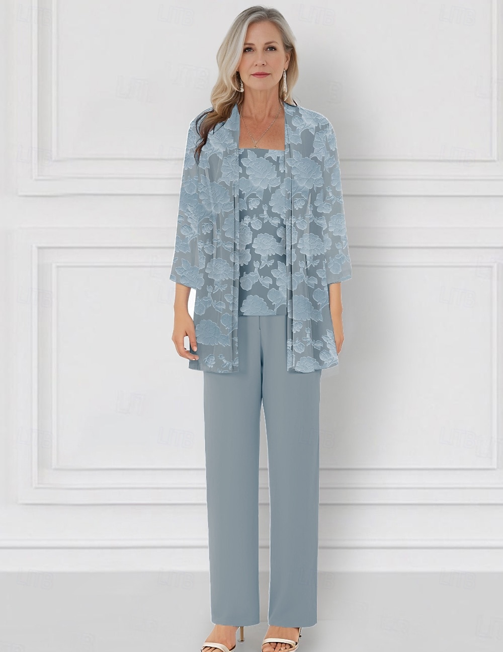 Sky Blue Burnt Out Floral Lace Jumpsuit / Pantsuit 3 Piece Mother of the Bride Pantsuit Elegant Simple Minimalist Crew Neck Floor Length Chiffon 3/4 Length Sleeve with Jacket 2025 - $136.99 –P4