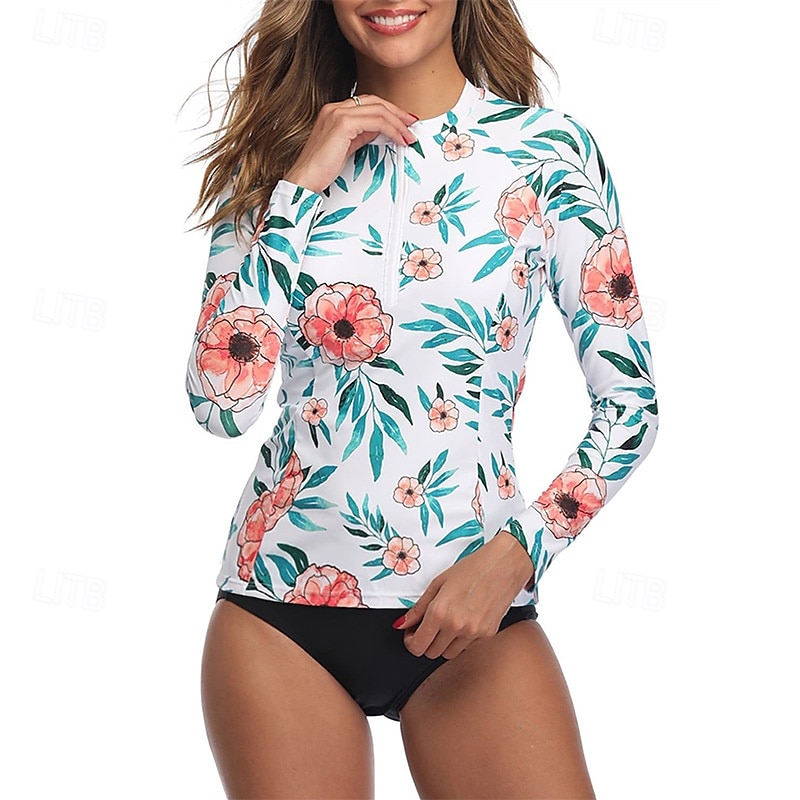 Damen Rash Guard Badeanzug UV-Sonnenschutz UPF50+ Langarm Bademode Badeanzug Frontreißverschluss Schwimmen Surfen Strand Wassersport Blumenmuster Tropisch Sommer Frühling 2025 - $27.99 –P4