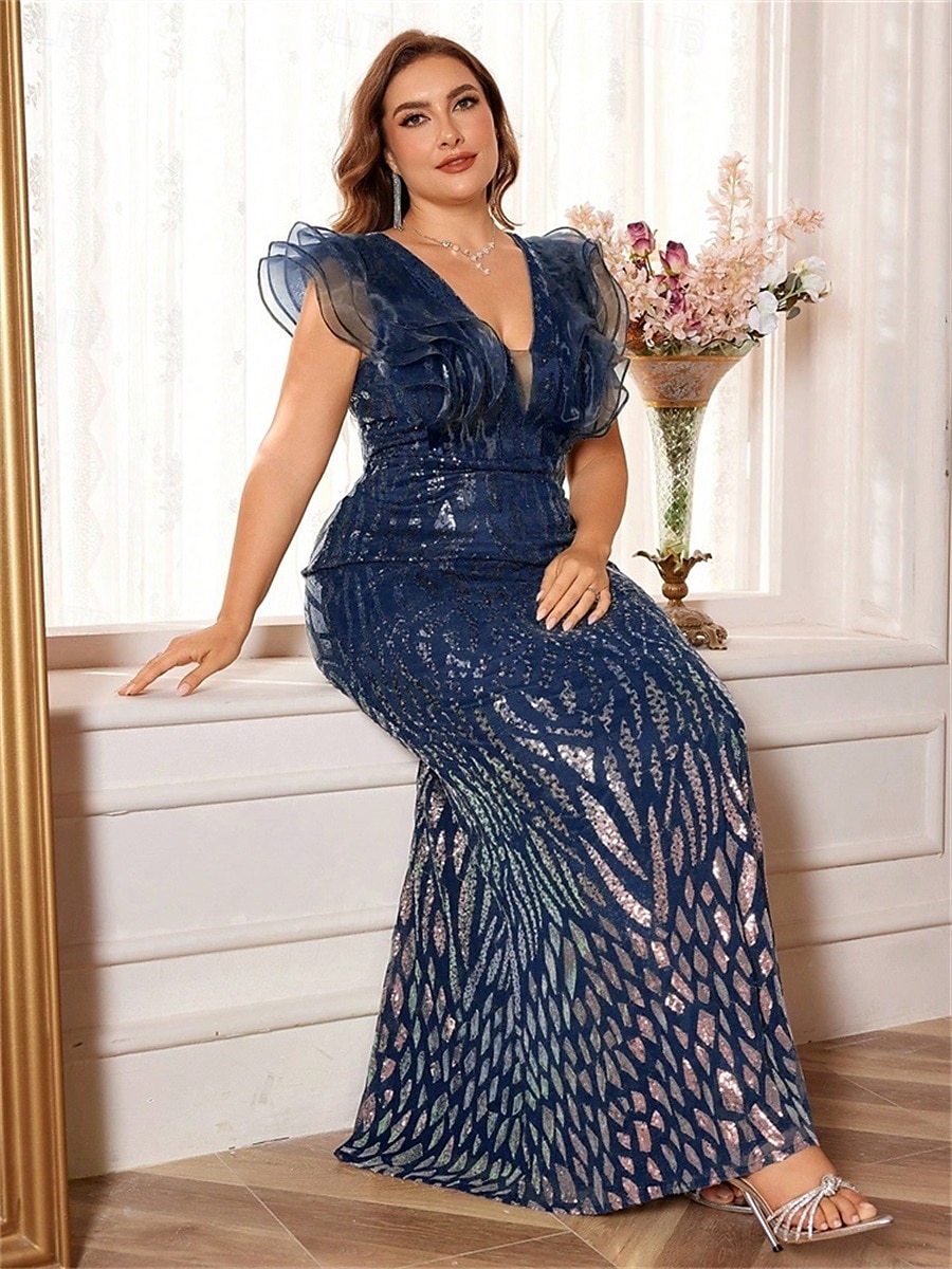 Vestidos Sereia  Trompete Plus Size Vestido Elegante Curvas Formal Casamento Comprimento do Chão Sem Mangas Decote em V Com Lantejoulas com Lantejoulas de 2025 por $169.99 –P24